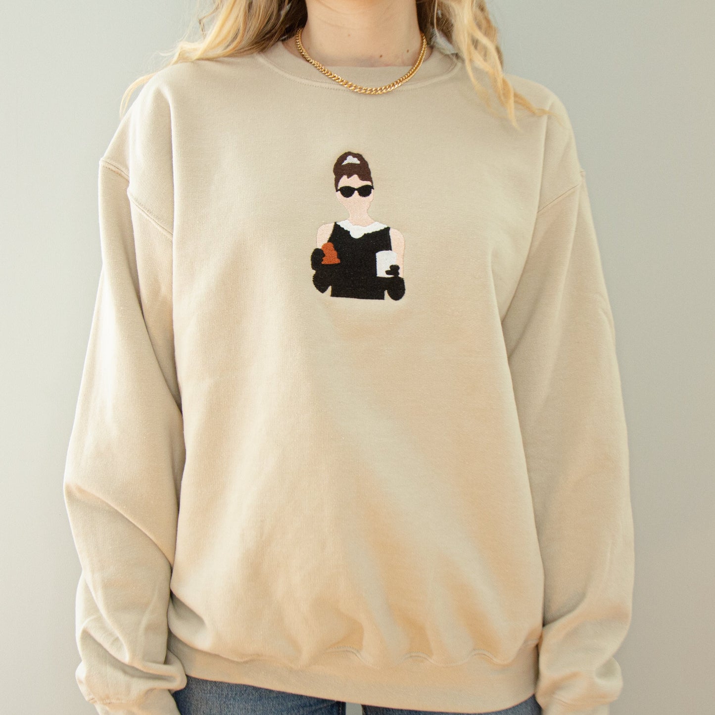 Audrey Hepburn “Breakfast at Tiffany’s” Embroidered Crewneck