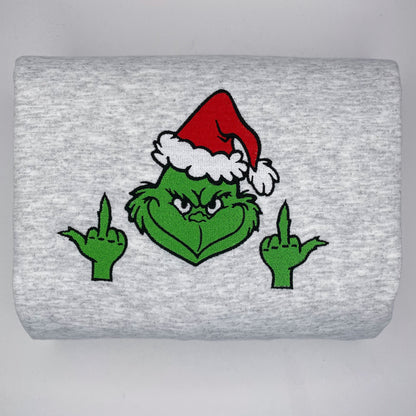 Grinch Middle Finger Holiday Embroidered Crewneck