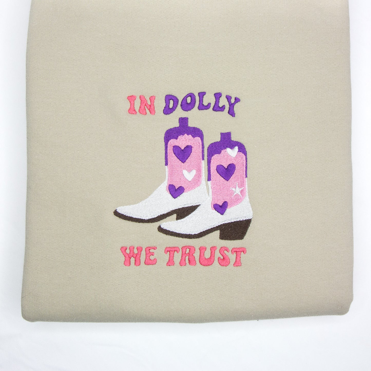 In Dolly We Trust with Cowboy Boots Embroidered Crewneck | Dolly Parton