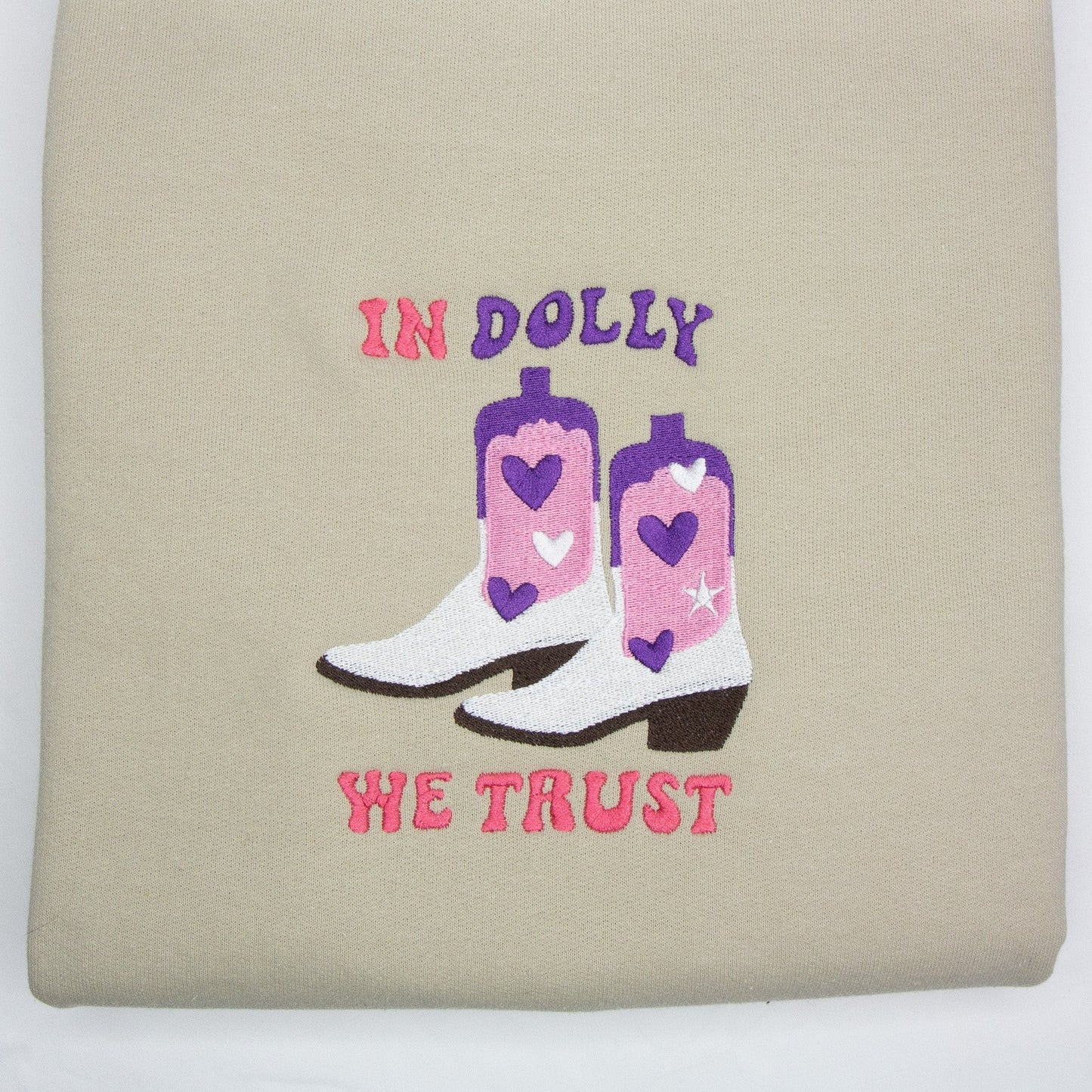 In Dolly We Trust with Cowboy Boots Embroidered Crewneck | Dolly Parton