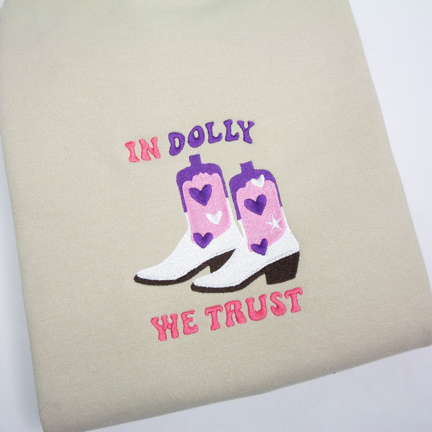 In Dolly We Trust with Cowboy Boots Embroidered Crewneck | Dolly Parton