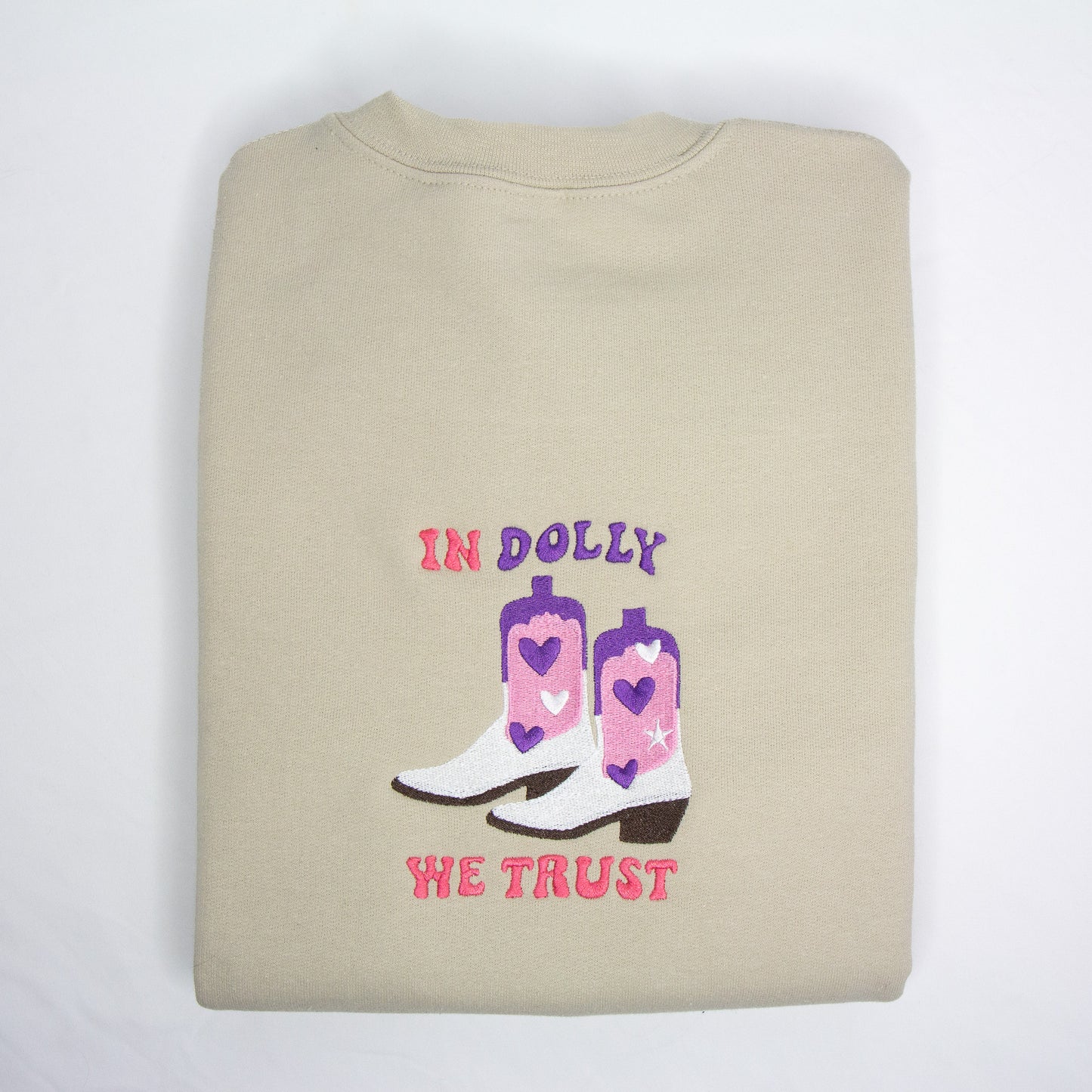In Dolly We Trust with Cowboy Boots Embroidered Crewneck | Dolly Parton